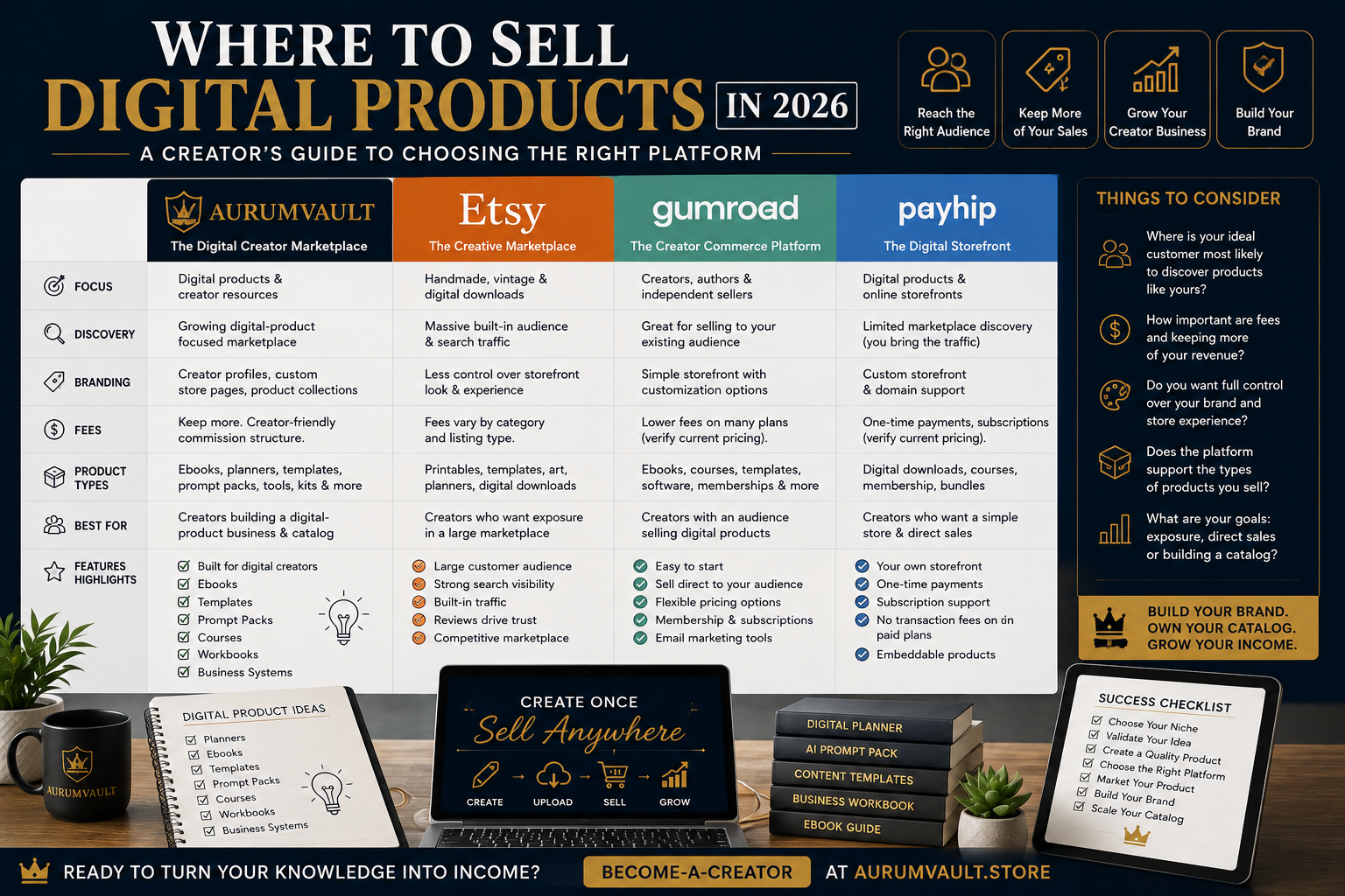 Where to Sell Digital Products in 2026: AurumVault vs Etsy vs Gumroad vs Payhip